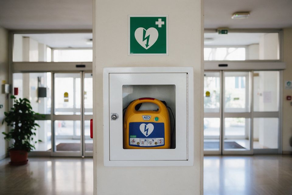 Defibrillatore giallo in una teca nell'atrio di un ufficio, sotto il cartello verde