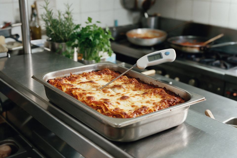Sonda termometrica in una teglia di lasagne su un banco inox di trattoria