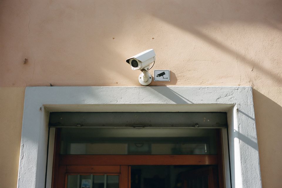 Telecamera di videosorveglianza sopra l'ingresso di un negozio, su un muro rosato al sole