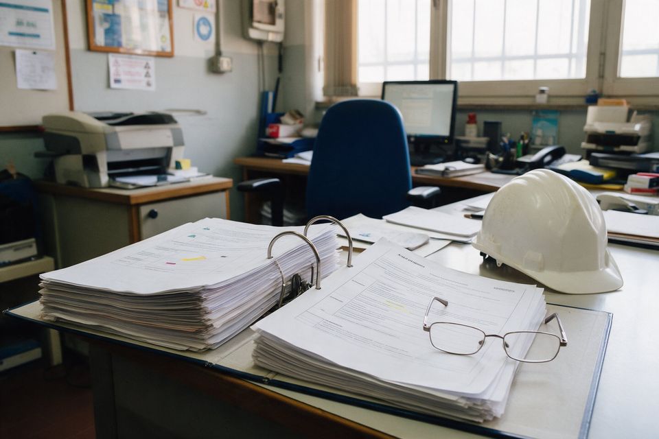 Raccoglitore del documento di valutazione dei rischi aperto su una scrivania d'ufficio, accanto a un elmetto bianco e a una penna